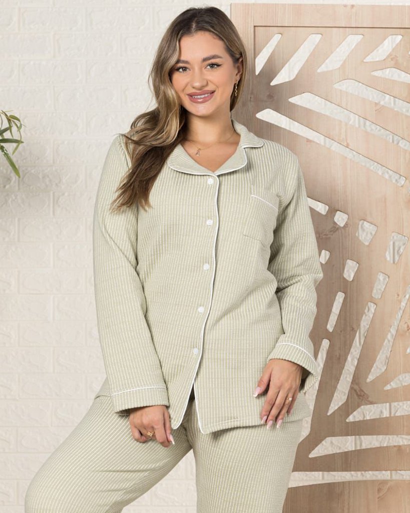 Fleece olive buttoned pajamas set