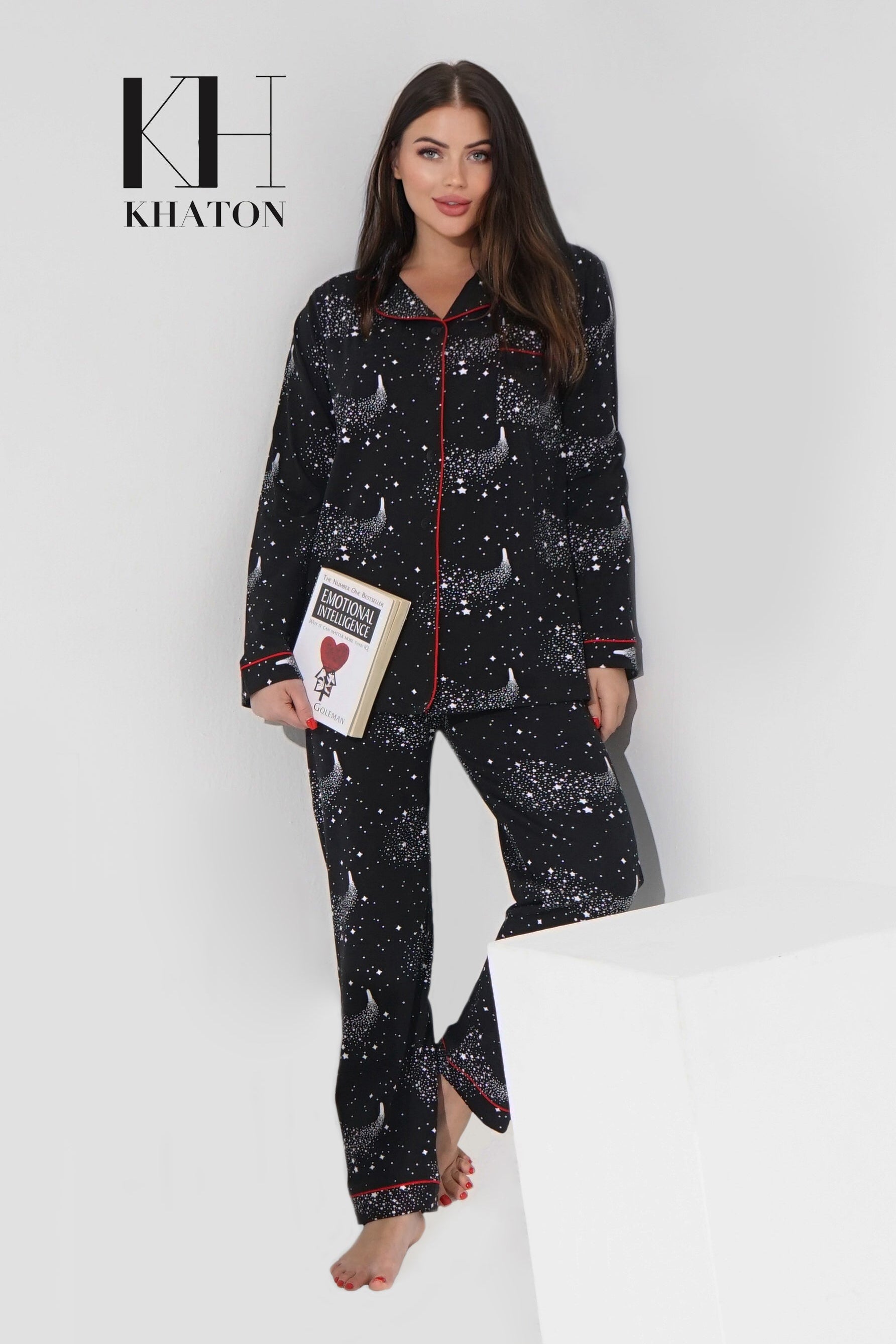 Black cotton buttoned pj set